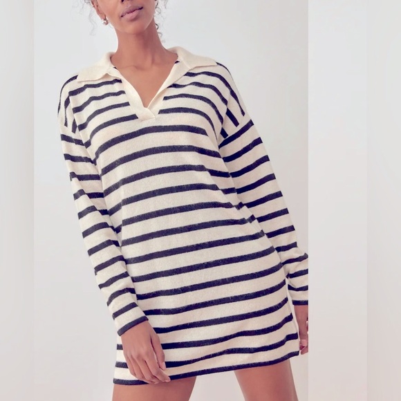 Reformation Doreen Cashmere Polo Mini Dress, Size: Small, Gossamer Black Stripe - Picture 3 of 10